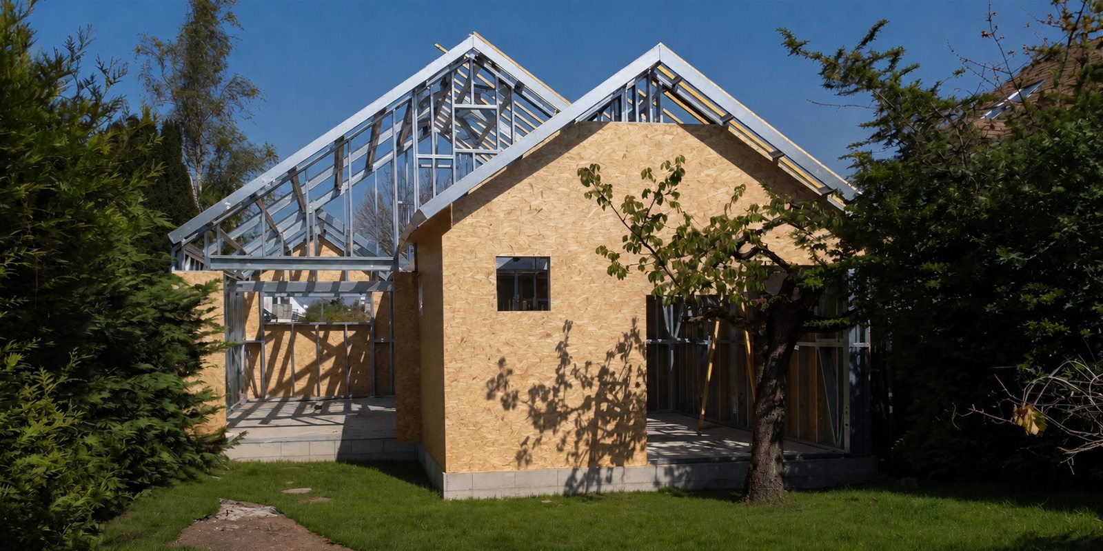 La même maison pendant le chantier : ossature acier et panneaux OSB